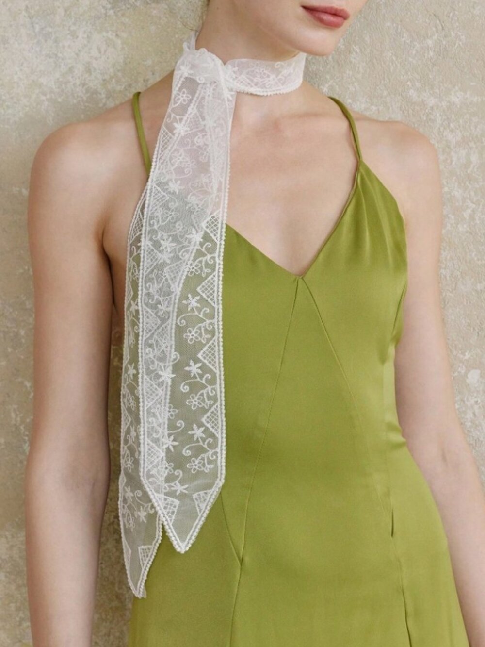 Ivory Lace Skinny Bandeau Scarf - Sheer Floral Necktie Style